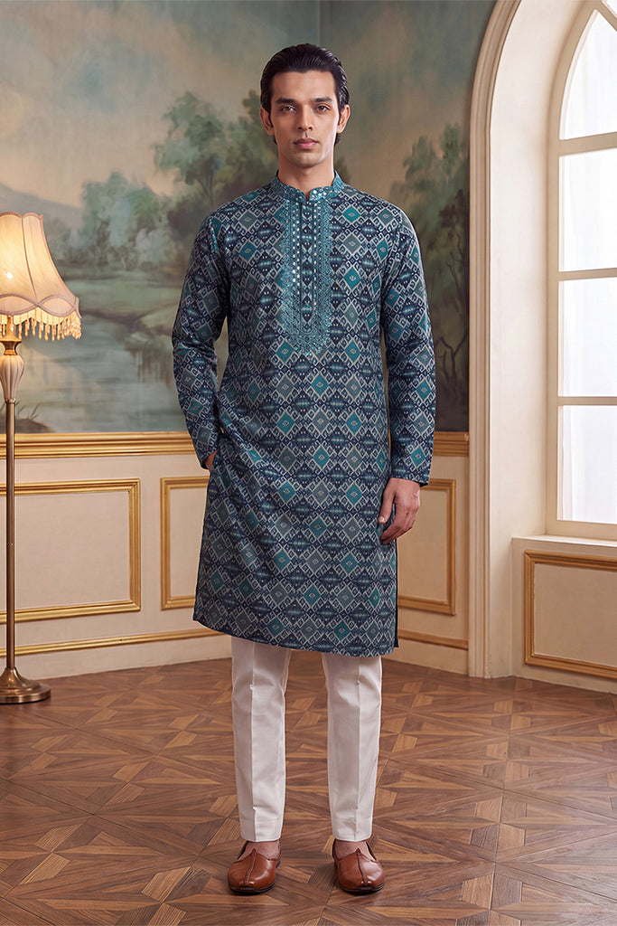 Sea Green Silk Blend Ethnic Motifs Ikat Printed Kurta With Trouser MKSET1893