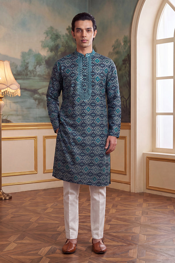 Sea Green Silk Blend Ethnic Motifs Ikat Printed Kurta MKU1893