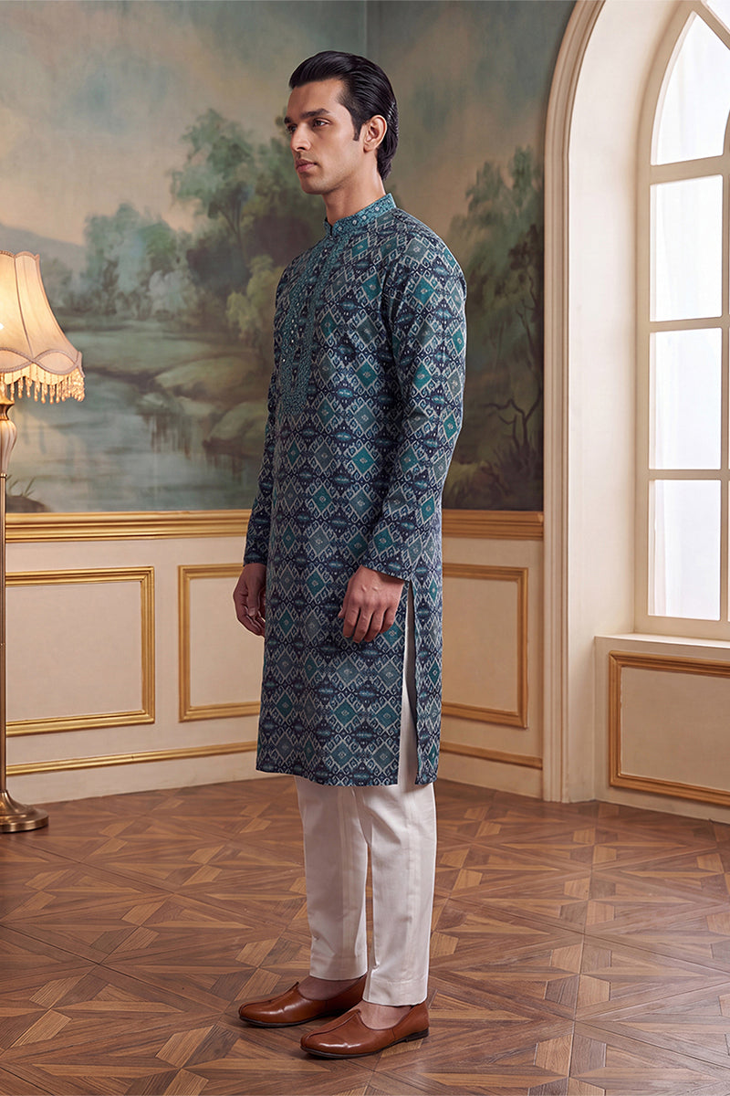 Sea Green Silk Blend Ethnic Motifs Ikat Printed Kurta With Trouser MKSET1893