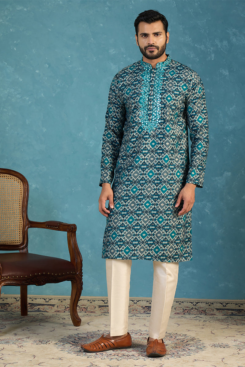 Sea Green Silk Blend Ethnic Motifs Ikat Printed Kurta With Trouser MKSET1893