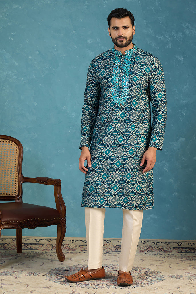 Sea Green Silk Blend Ethnic Motifs Ikat Printed Kurta With Trouser MKSET1893