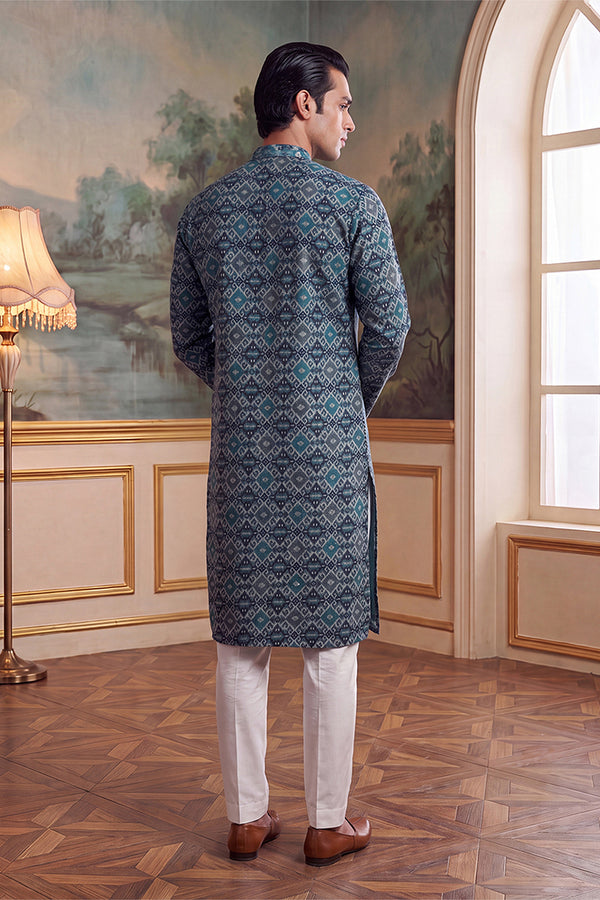 Sea Green Silk Blend Ethnic Motifs Ikat Printed Kurta With Trouser MKSET1893