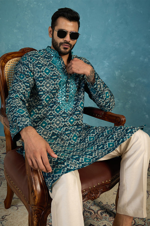 Sea Green Silk Blend Ethnic Motifs Ikat Printed Kurta With Trouser MKSET1893