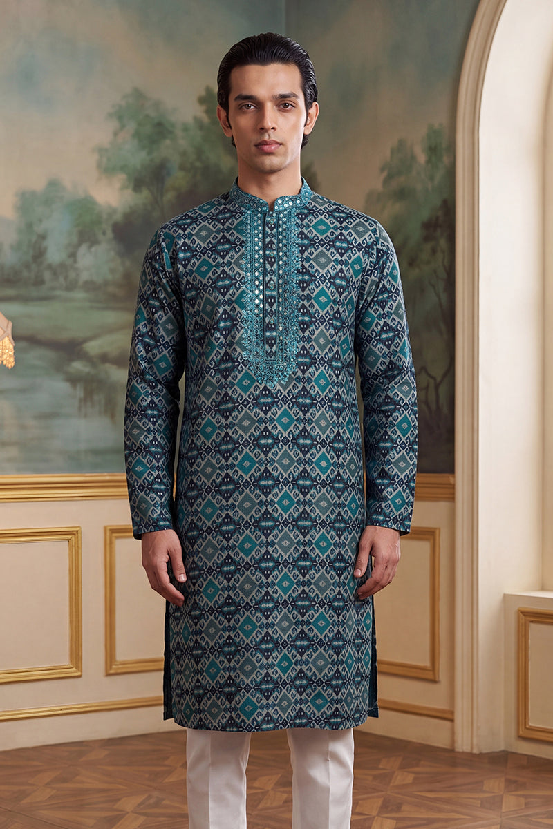 Sea Green Silk Blend Ethnic Motifs Ikat Printed Kurta MKU1893
