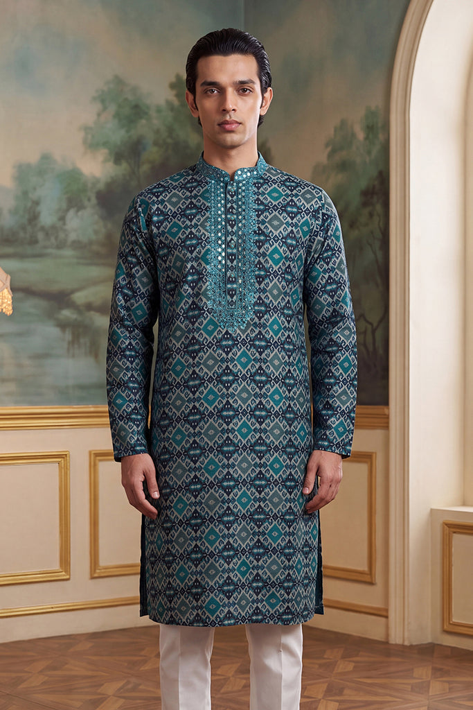 Sea Green Silk Blend Ethnic Motifs Ikat Printed Kurta MKU1893
