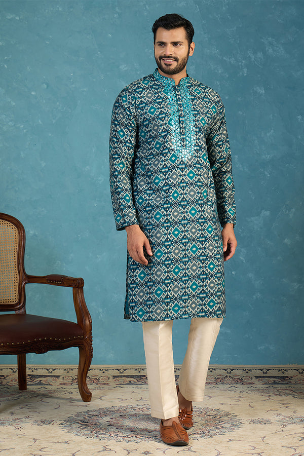 Sea Green Silk Blend Ethnic Motifs Ikat Printed Kurta With Trouser MKSET1893