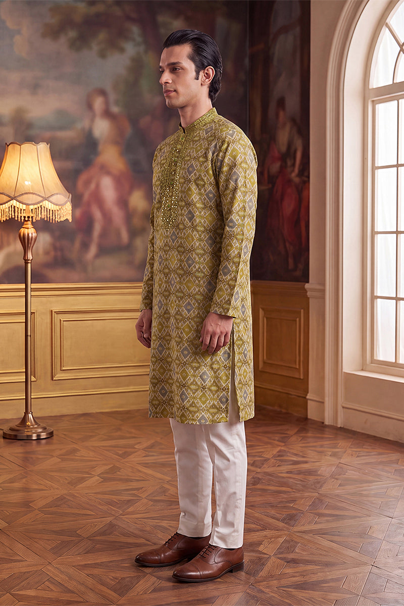 Green Silk Blend Ethnic Motifs Ikat Printed Kurta MKU1894