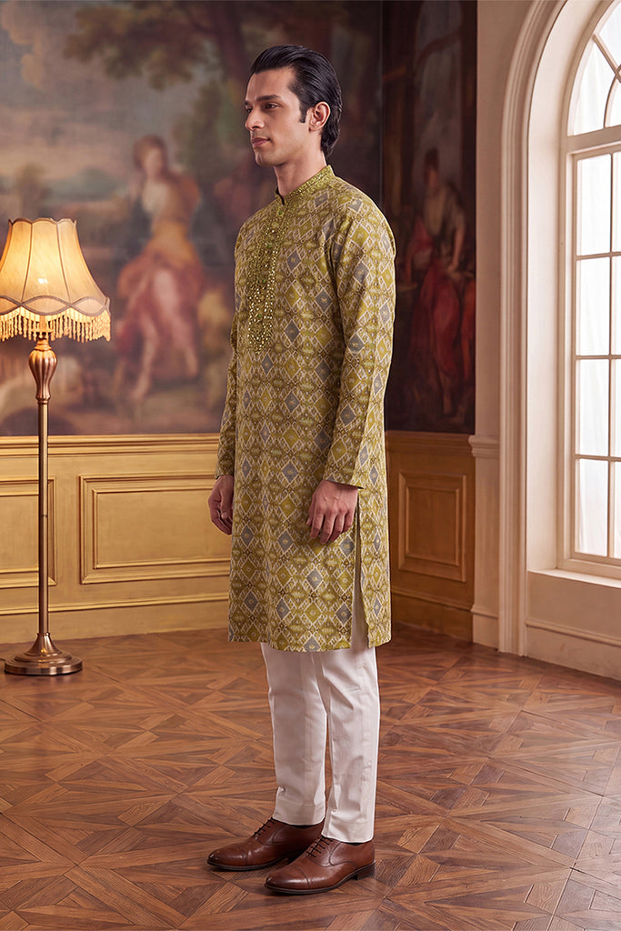 Green Silk Blend Ethnic Motifs Ikat Printed Kurta With Trouser MKSET1894