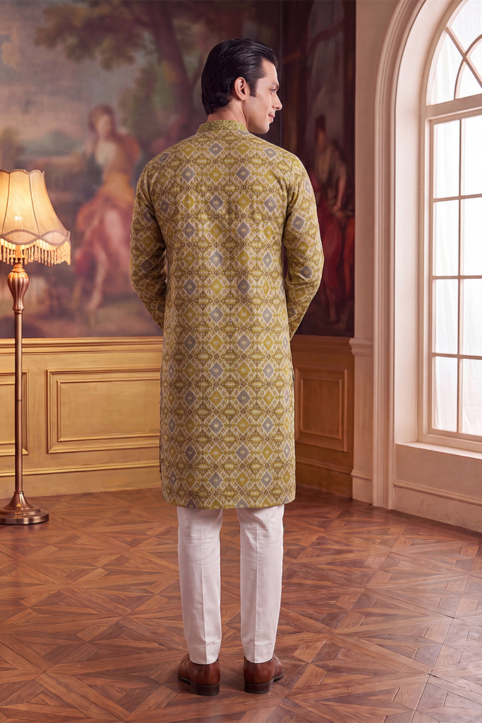 Green Silk Blend Ethnic Motifs Ikat Printed Kurta MKU1894