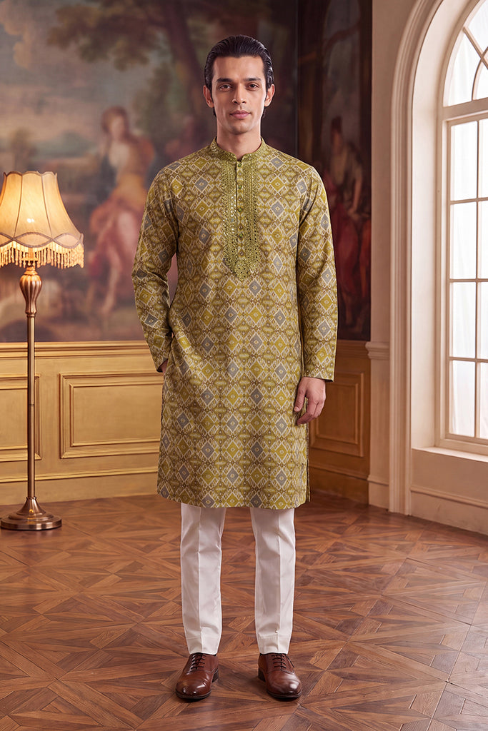 Green Silk Blend Ethnic Motifs Ikat Printed Kurta MKU1894