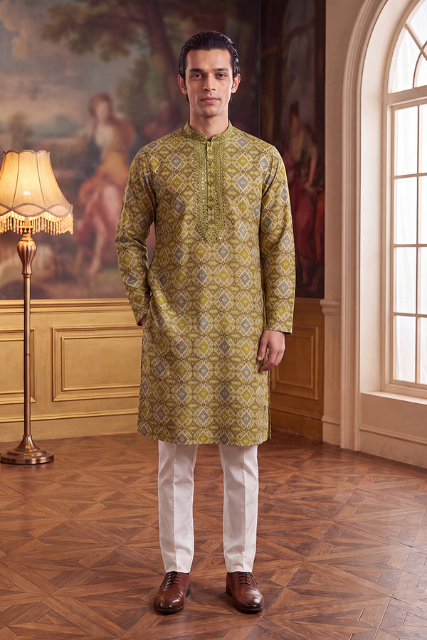 Green Silk Blend Ethnic Motifs Ikat Printed Kurta With Trouser MKSET1894