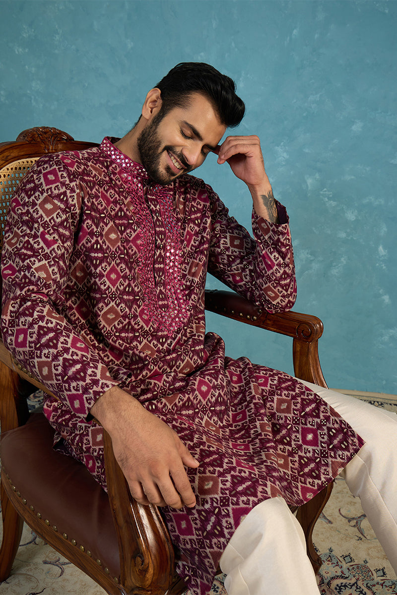 Purple Silk Blend Ethnic Motifs Ikat Printed Kurta With Trouser MKSET1895
