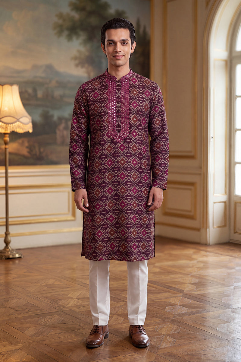Purple Silk Blend Ethnic Motifs Ikat Printed Kurta With Trouser MKSET1895
