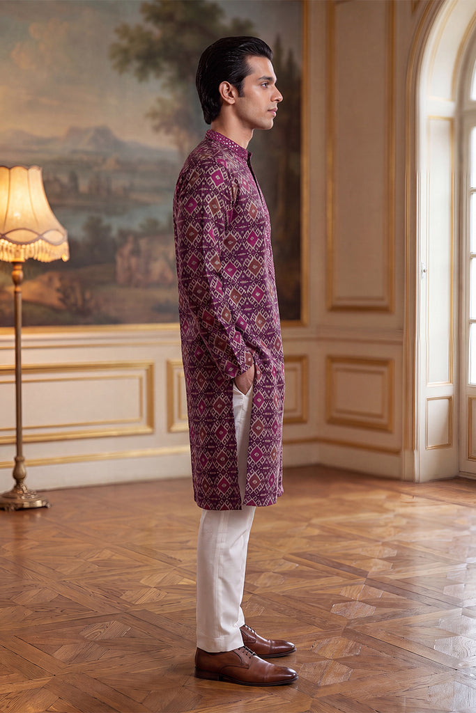 Purple Silk Blend Ethnic Motifs Ikat Printed Kurta MKU1895