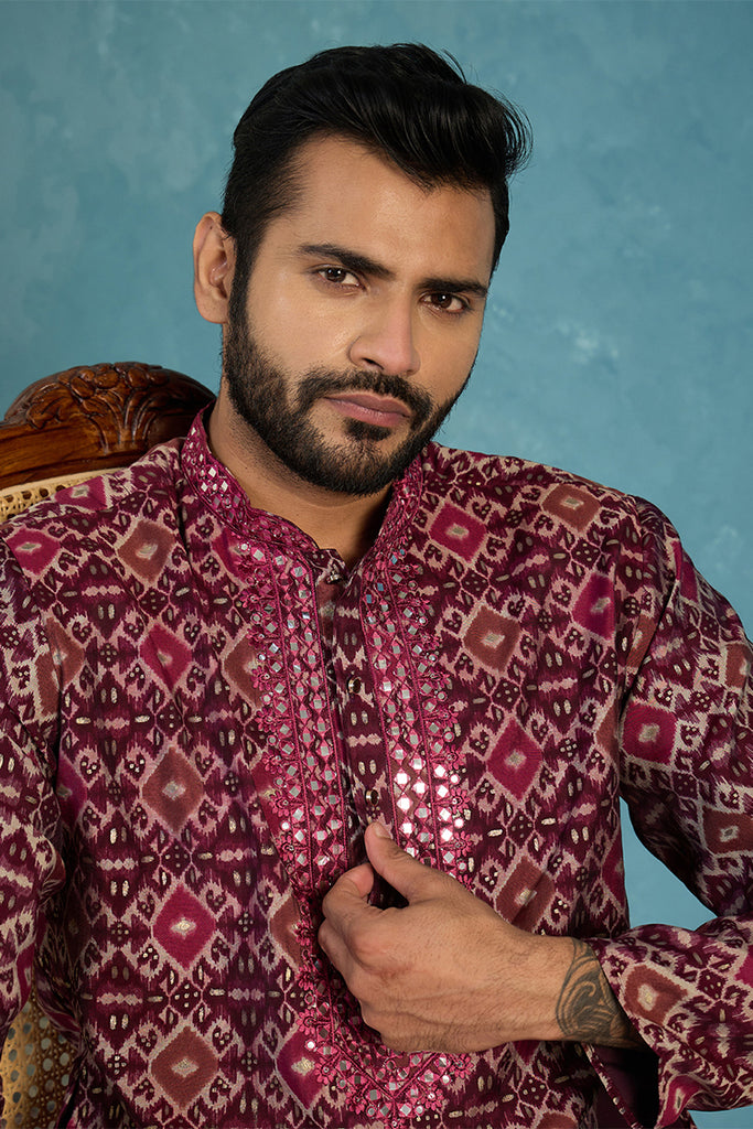 Purple Silk Blend Ethnic Motifs Ikat Printed Kurta With Trouser MKSET1895