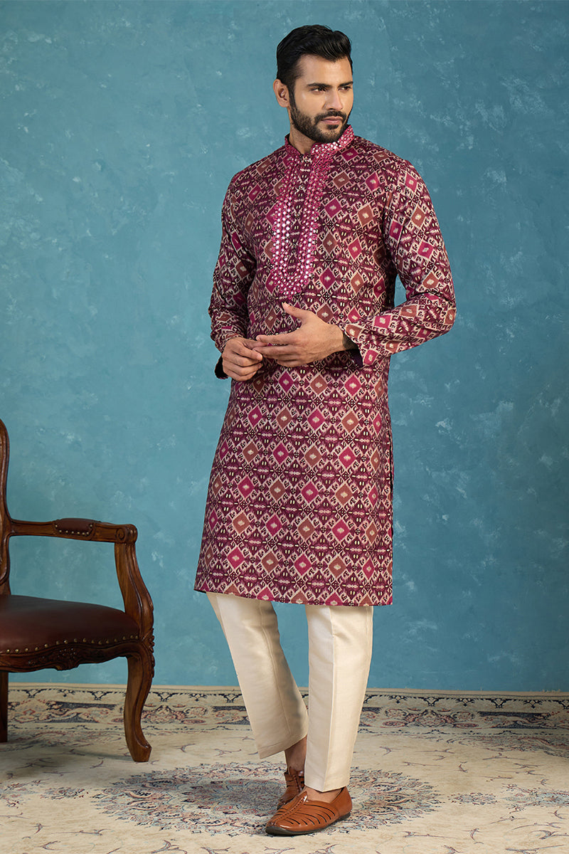 Purple Silk Blend Ethnic Motifs Ikat Printed Kurta With Trouser MKSET1895
