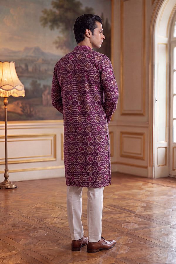 Purple Silk Blend Ethnic Motifs Ikat Printed Kurta With Trouser MKSET1895