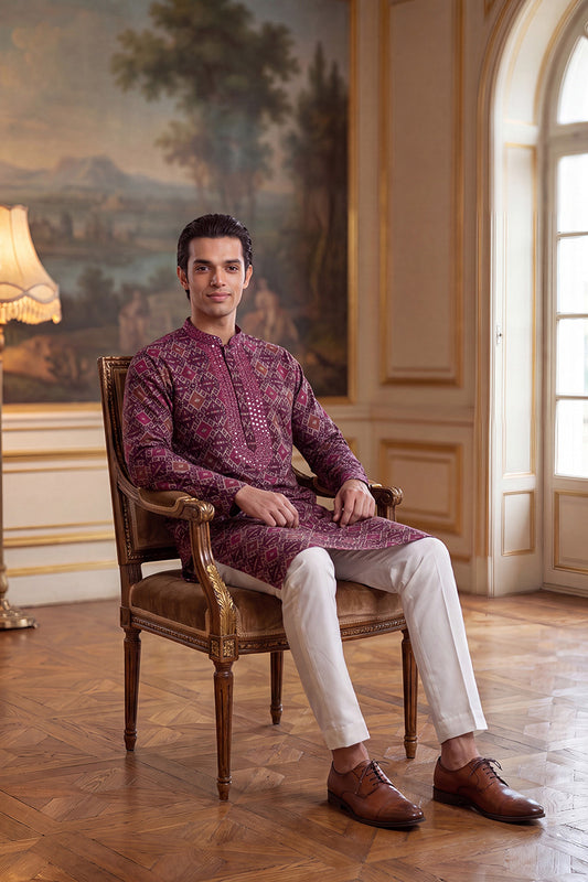 Purple Silk Blend Ethnic Motifs Ikat Printed Kurta MKU1895