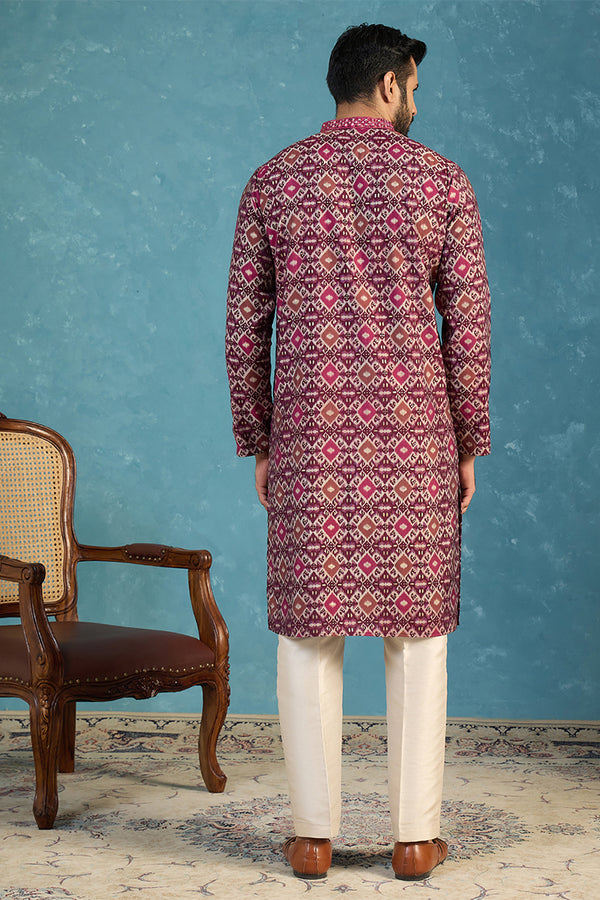 Purple Silk Blend Ethnic Motifs Ikat Printed Kurta With Trouser MKSET1895
