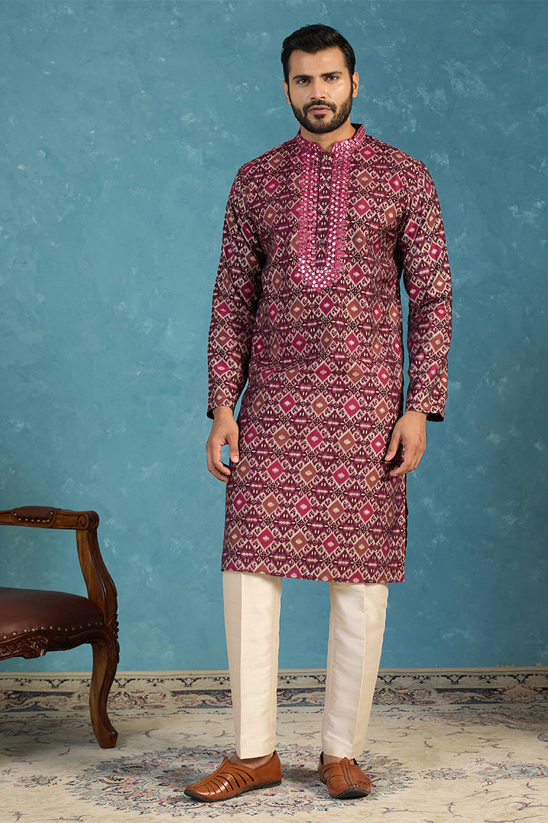Purple Silk Blend Ethnic Motifs Ikat Printed Kurta With Trouser MKSET1895