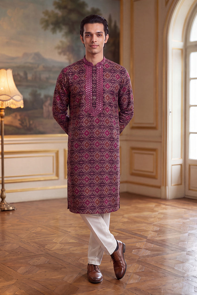 Purple Silk Blend Ethnic Motifs Ikat Printed Kurta With Trouser MKSET1895