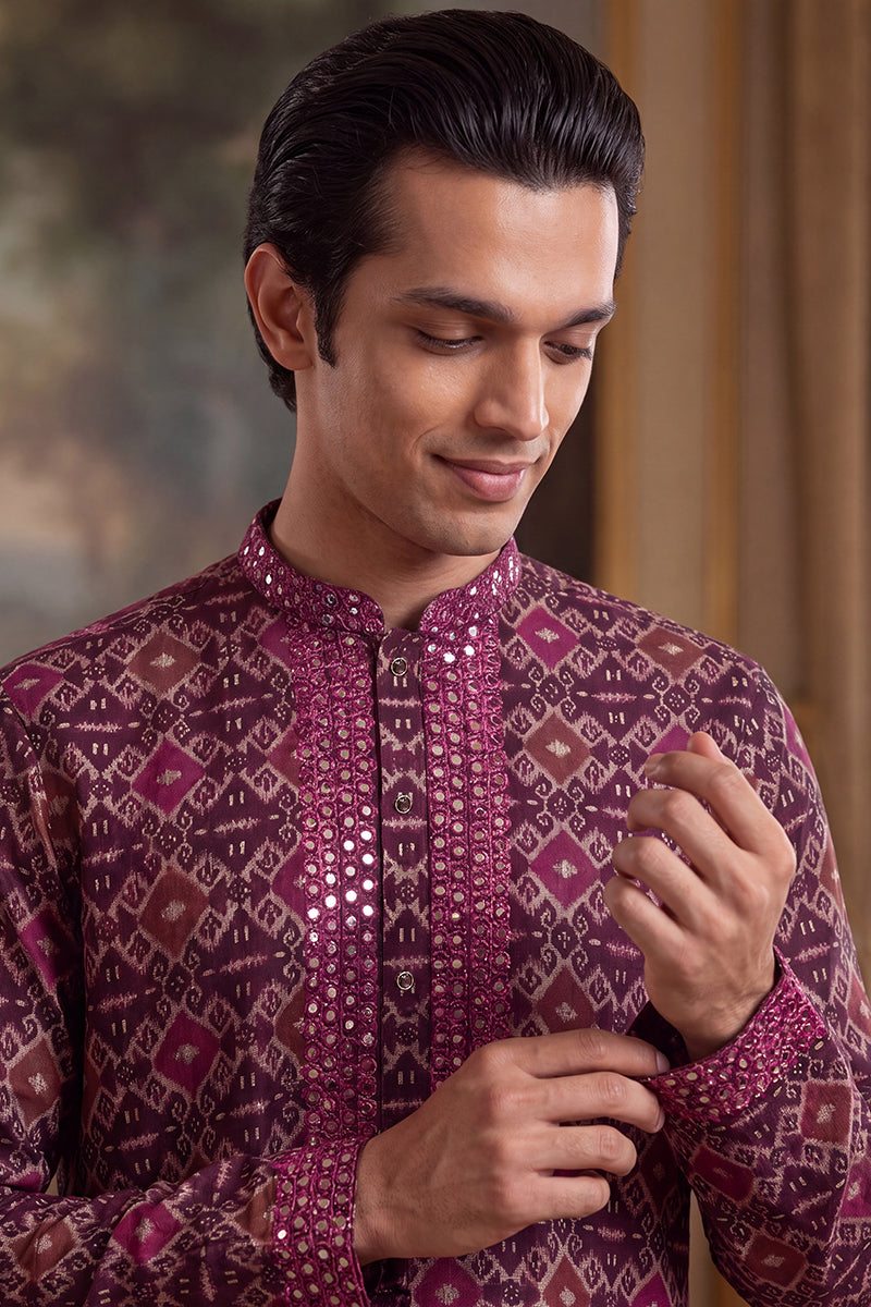 Purple Silk Blend Ethnic Motifs Ikat Printed Kurta With Trouser MKSET1895