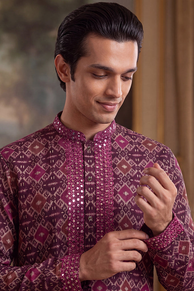 Purple Silk Blend Ethnic Motifs Ikat Printed Kurta With Trouser MKSET1895