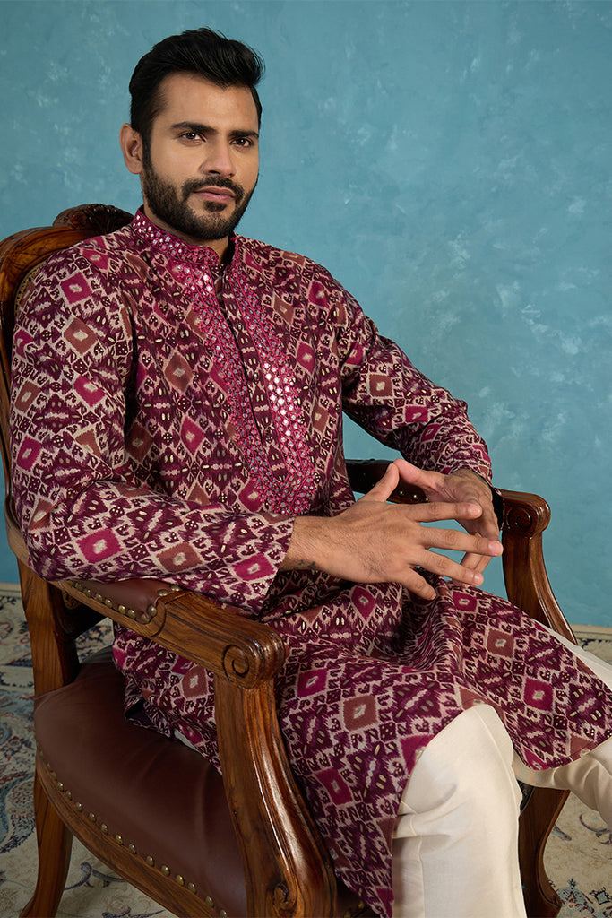 Purple Silk Blend Ethnic Motifs Ikat Printed Kurta With Trouser MKSET1895