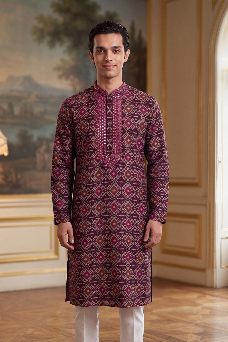 Purple Silk Blend Ethnic Motifs Ikat Printed Kurta With Trouser MKSET1895