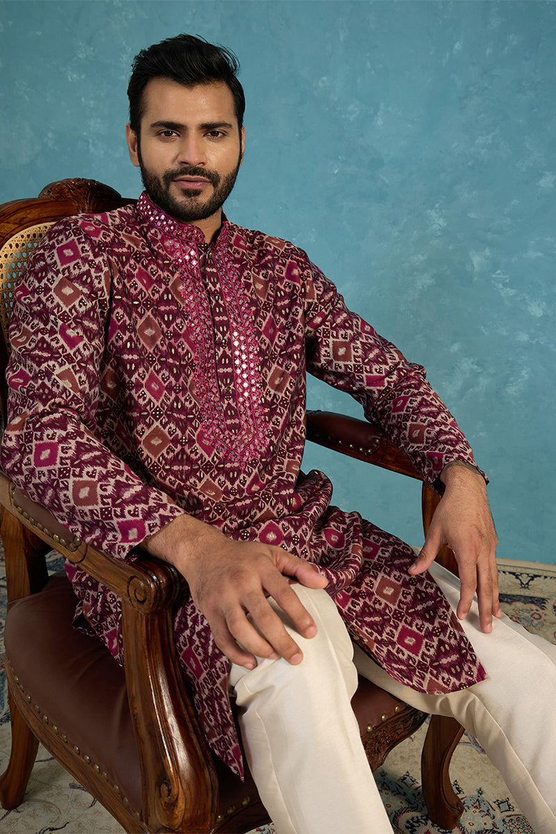 Purple Silk Blend Ethnic Motifs Ikat Printed Kurta With Trouser MKSET1895
