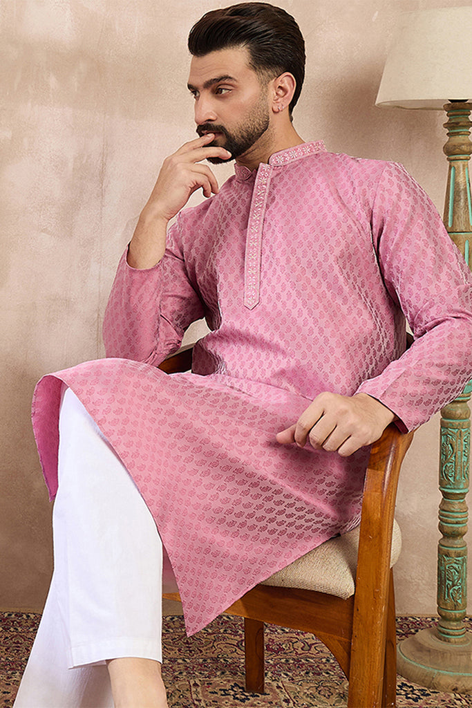 Pink Silk Blend Solid Woven Design Straight Kurta MKU1898