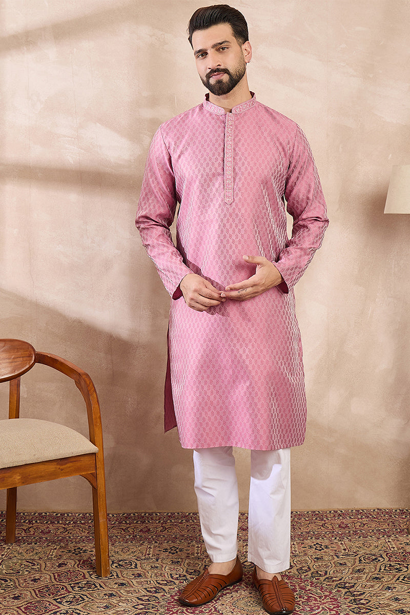 Pink Silk Blend Solid Woven Design Straight Kurta MKU1898