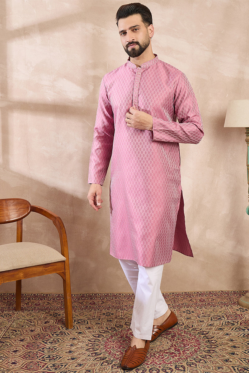 Pink Silk Blend Solid Woven Design Straight Kurta MKU1898