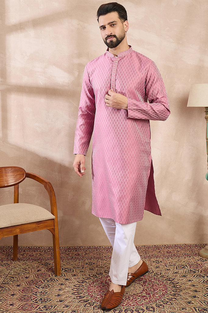 Pink Silk Blend Solid Woven Design Straight Kurta With Trouser MKSET1898
