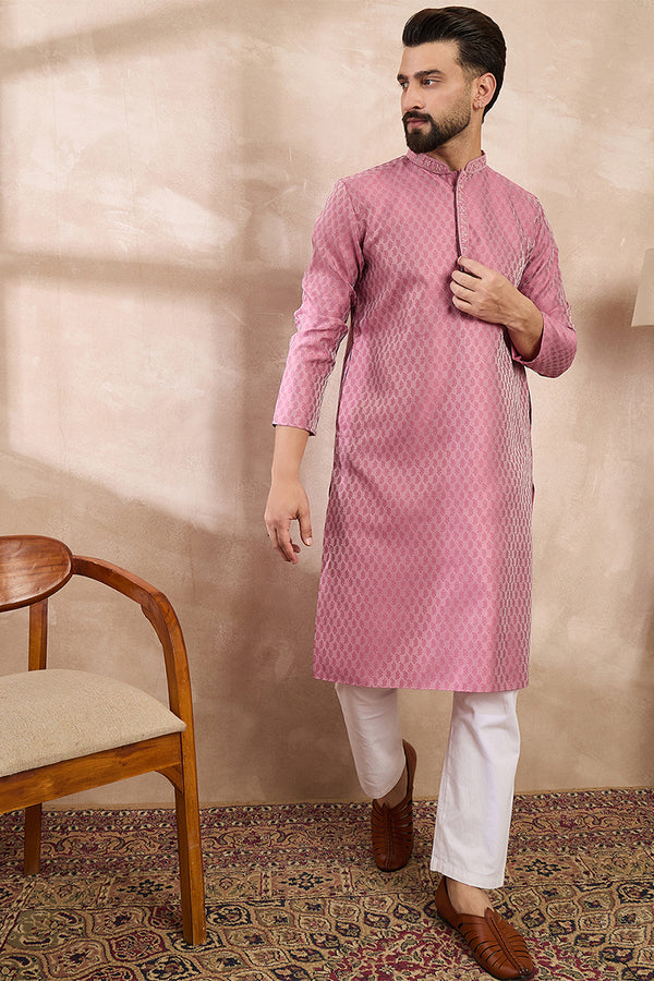 Pink Silk Blend Solid Woven Design Straight Kurta With Trouser MKSET1898