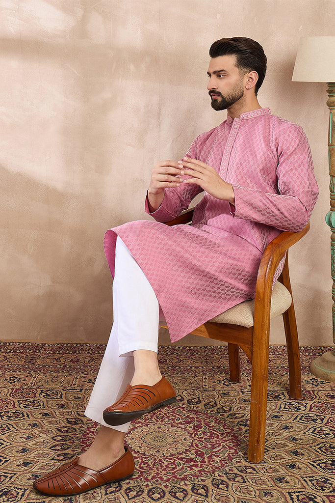 Pink Silk Blend Solid Woven Design Straight Kurta With Trouser MKSET1898