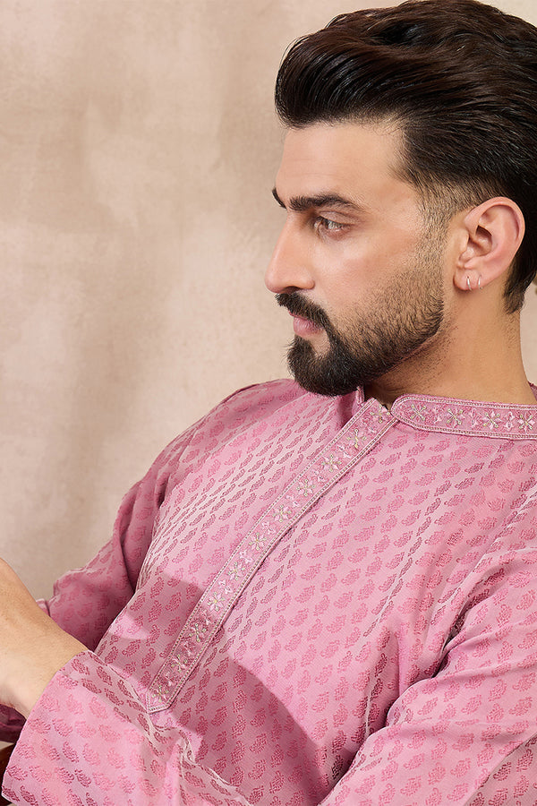 Pink Silk Blend Solid Woven Design Straight Kurta With Trouser MKSET1898