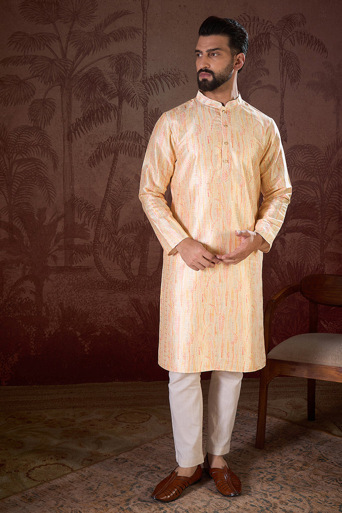 Cream Silk Blend Abstract Printed Straight Kurta MKU1907