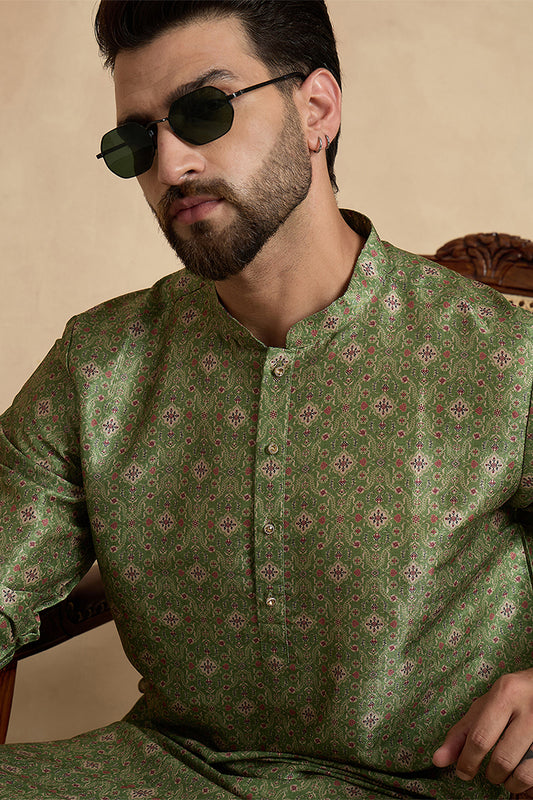 Green Silk Blend Printed Straight Kurta With Trousers MKSET1910