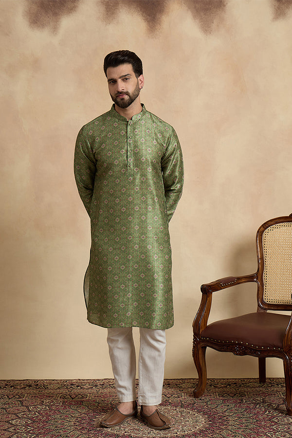 Green Silk Blend Printed Straight Kurta With Trousers MKSET1910