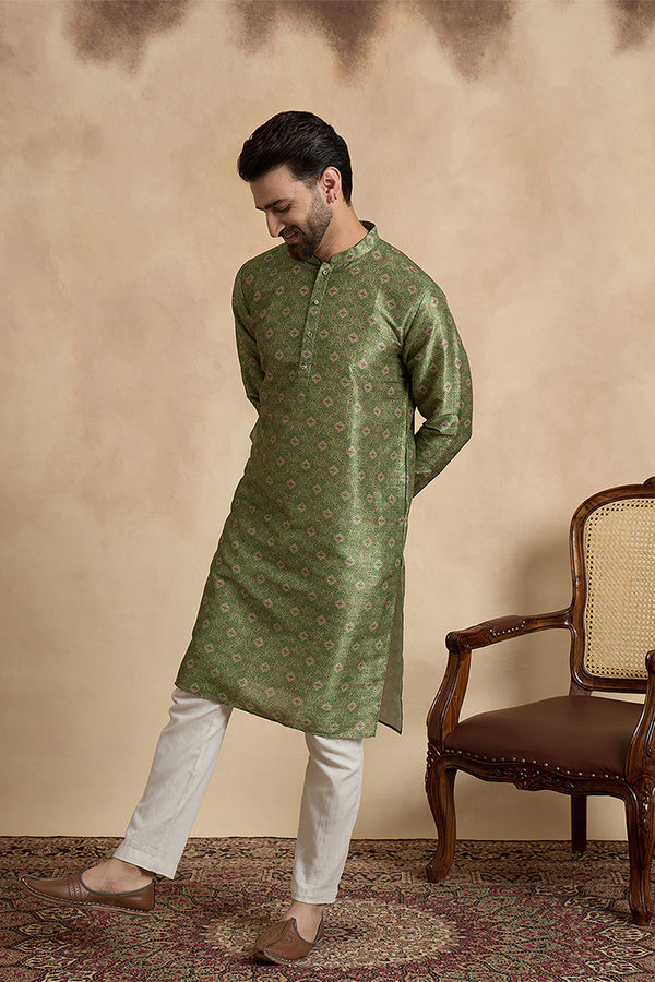 Green Silk Blend Printed Straight Kurta With Trousers MKSET1910