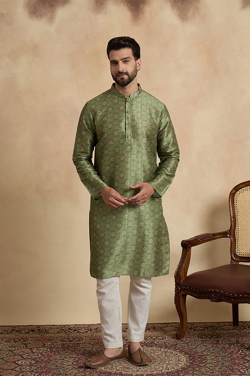 Green Silk Blend Printed Straight Kurta With Trousers MKSET1910