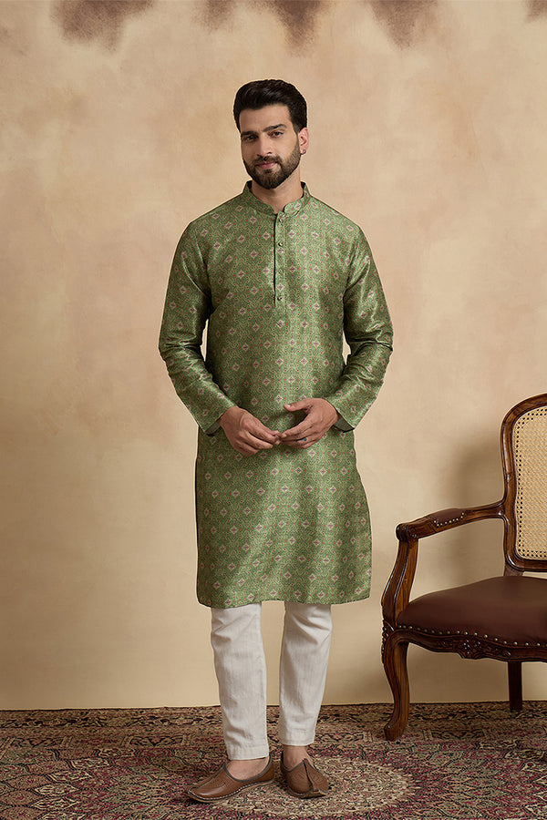 Green Silk Blend Printed Straight Kurta With Trousers MKSET1910