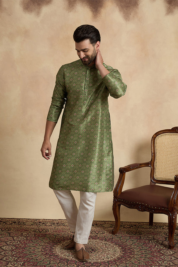 Green Silk Blend Printed Straight Kurta With Trousers MKSET1910