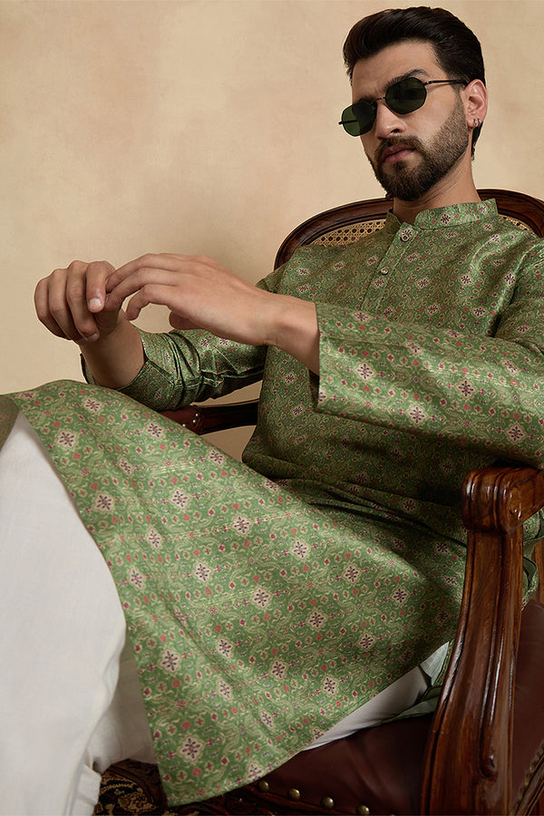 Green Silk Blend Printed Straight Kurta With Trousers MKSET1910