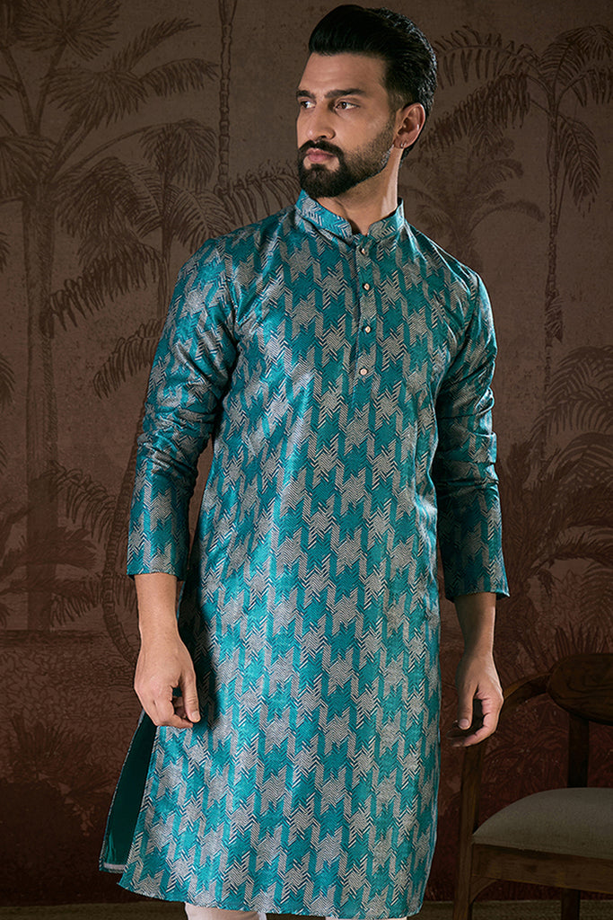 Turquoise Blue Silk Blend Chevron Printed Straight Kurta MKU1916