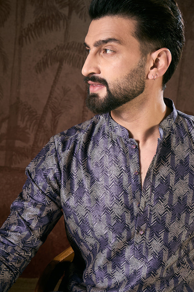 Violet Silk Blend Chevron Printed Straight Kurta MKU1917