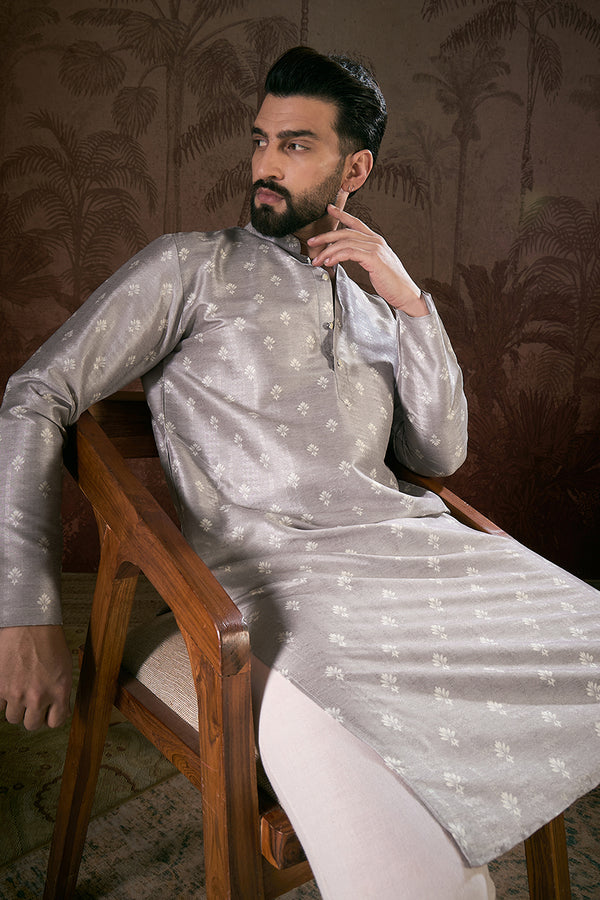 Grey Silk Blend Floral Printed Straight Kurta MKU1923
