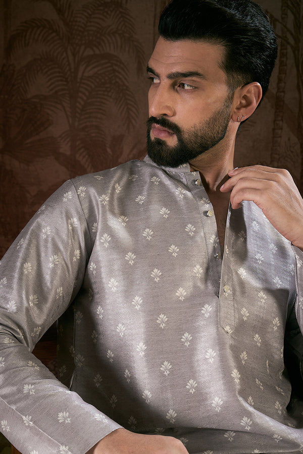 Grey Silk Blend Floral Printed Straight Kurta MKU1923