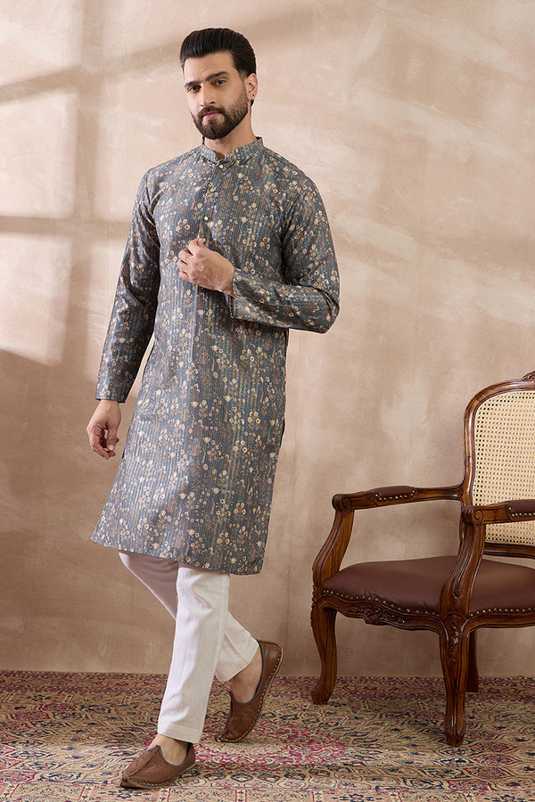 Grey Silk Blend Printed Mandarin Collar Straight Kurta MKU1931